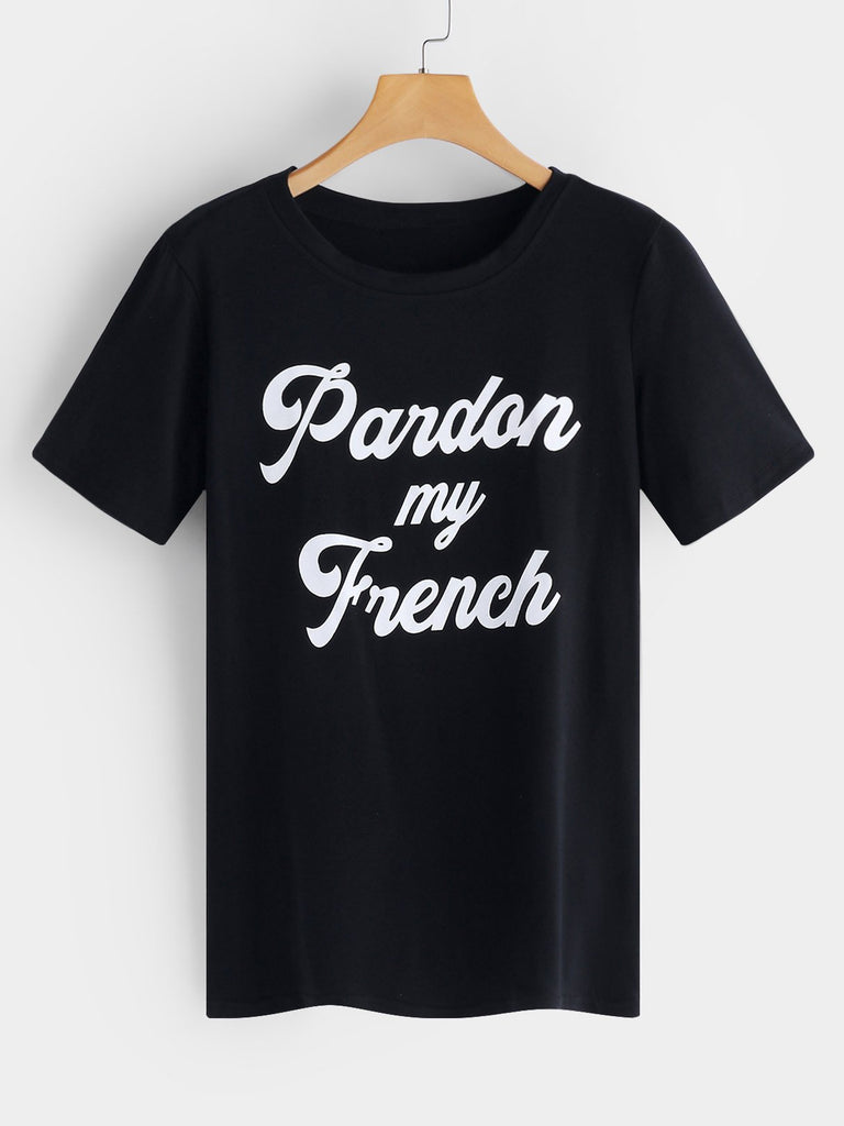 Crew Neck Letter Printed Short Sleeve Black T-Shirts