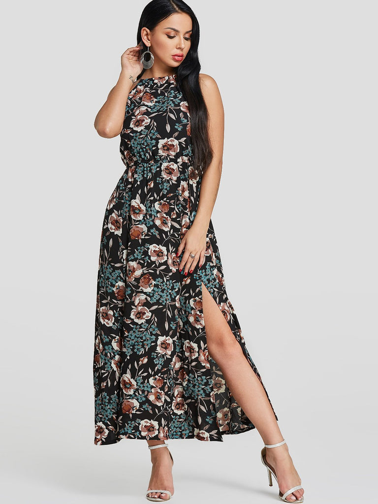 Black Halter Sleeveless Floral Print Slit Hem Dresses