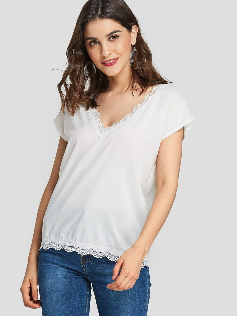 V-Neck Plain Lace Short Sleeve T-Shirts