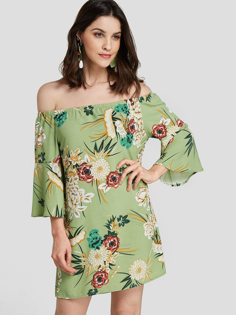 Green Off The Shoulder Floral Print Backless Dresses