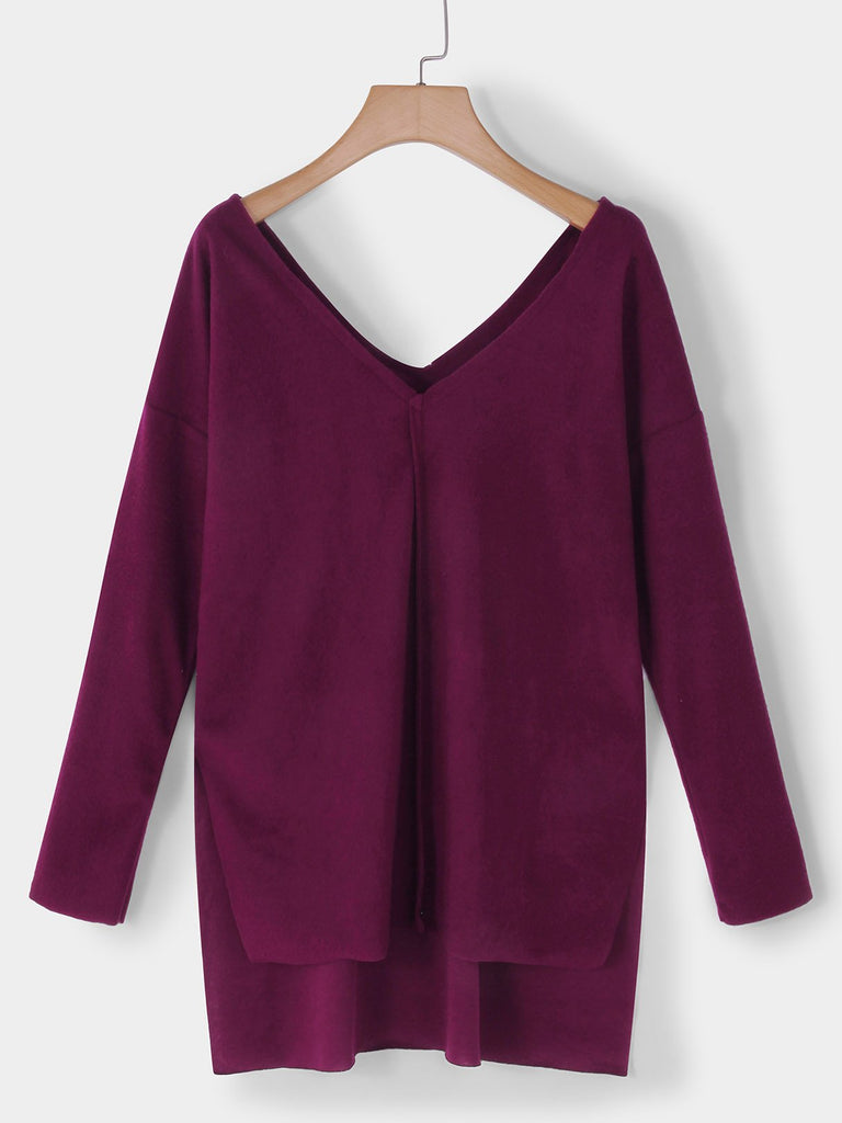 V-Neck Plain Long Sleeve Slit Hem Burgundy T-Shirts