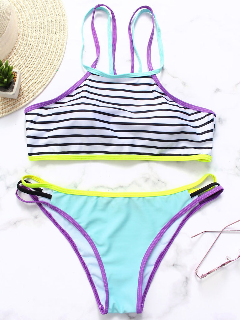 Square Neck Sleeveless Stripe Lace-Up Slit Bikini Set
