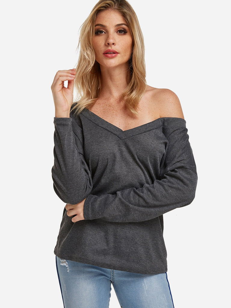 V-Neck One Shoulder Plain Long Sleeve Grey T-Shirts