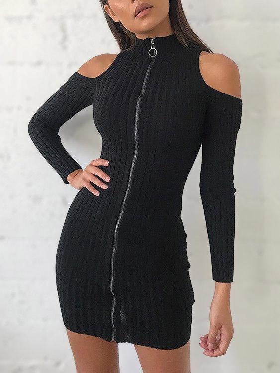Black Cold Shoulder Long Sleeve Plain Zip Back Mini Dress