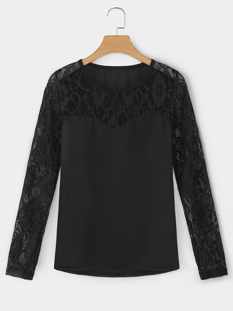 Round Neck Lace Long Sleeve Black Tees