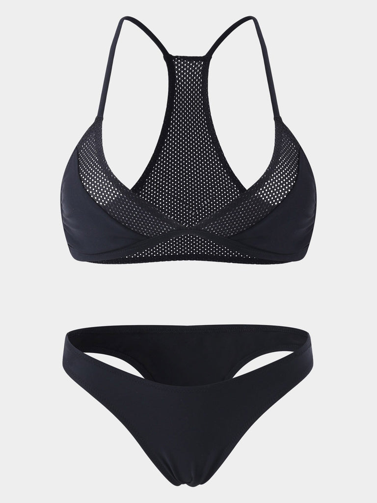 Halter Sleeveless Plain Fishnet Two Piece Bikinis