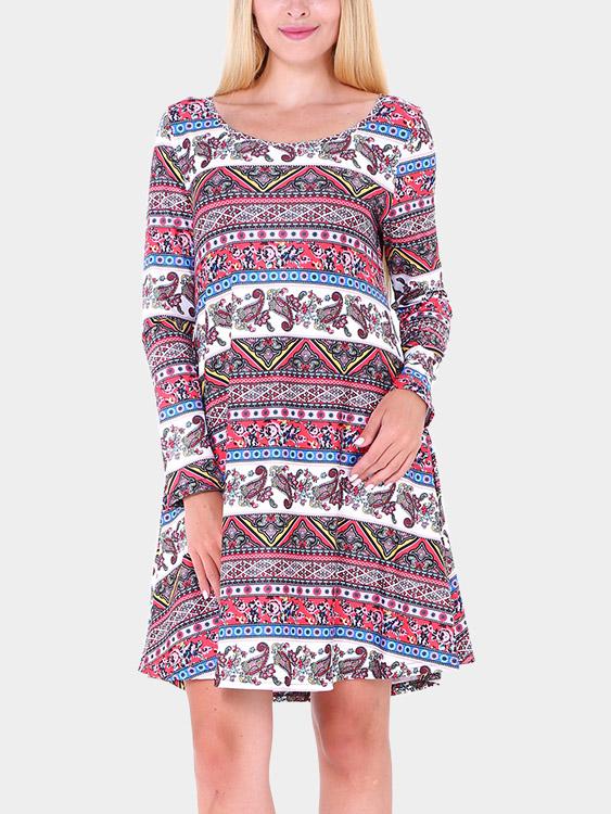 Round Neck Geometrical Long Sleeve Casual Dresses
