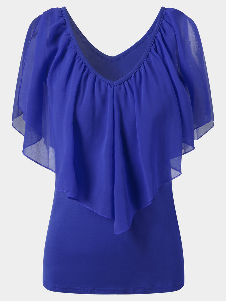 V-Neck Cold Shoulder Plain Tiered Short Sleeve Blue Blouses