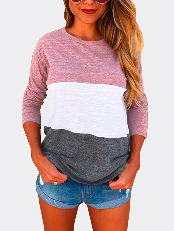Patch Color Round Neck Long Sleeves T-Shirt