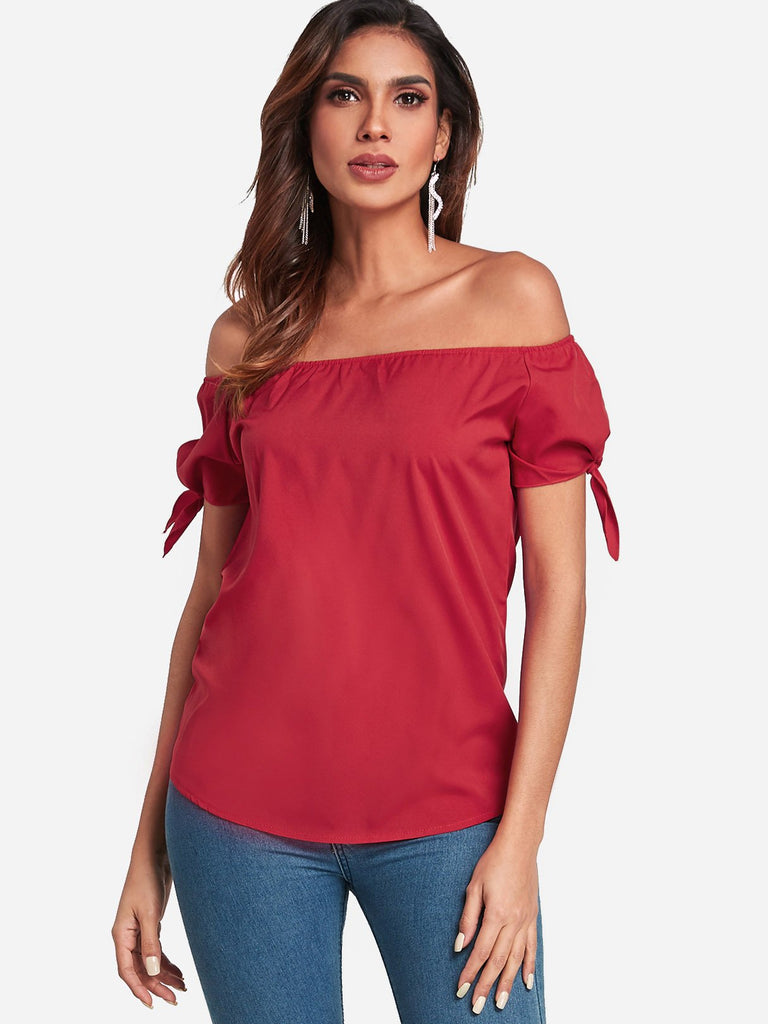 Off The Shoulder Self-Tie Short Sleeve Top