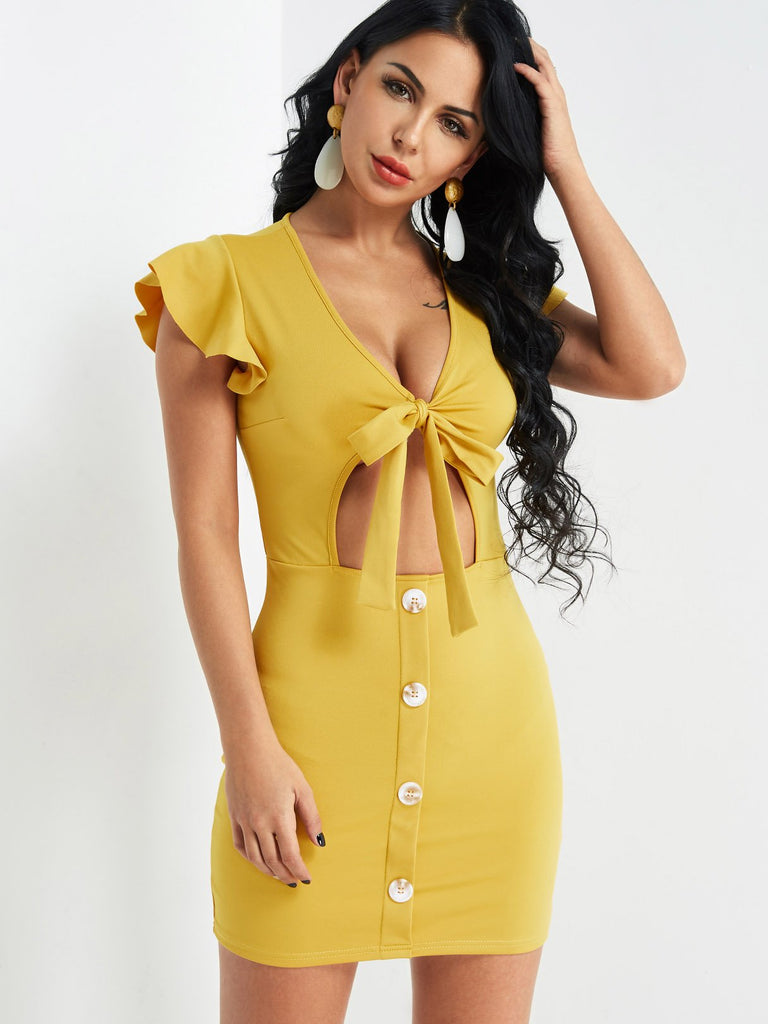 Yellow V-Neck Short Sleeve Plain Cut Out Tie-Up Sexy Dresses