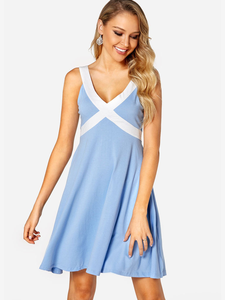 Blue V-Neck Sleeveless High-Waisted Mini Dress