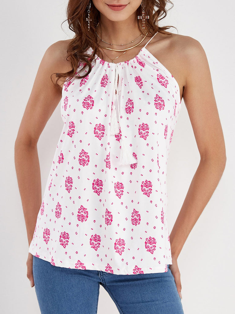 Round Neck Floral Print Lace-Up Cut Out Sleeveless Camis