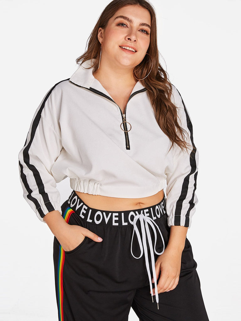 Pullover Plain Long Sleeve White Plus Size Tops