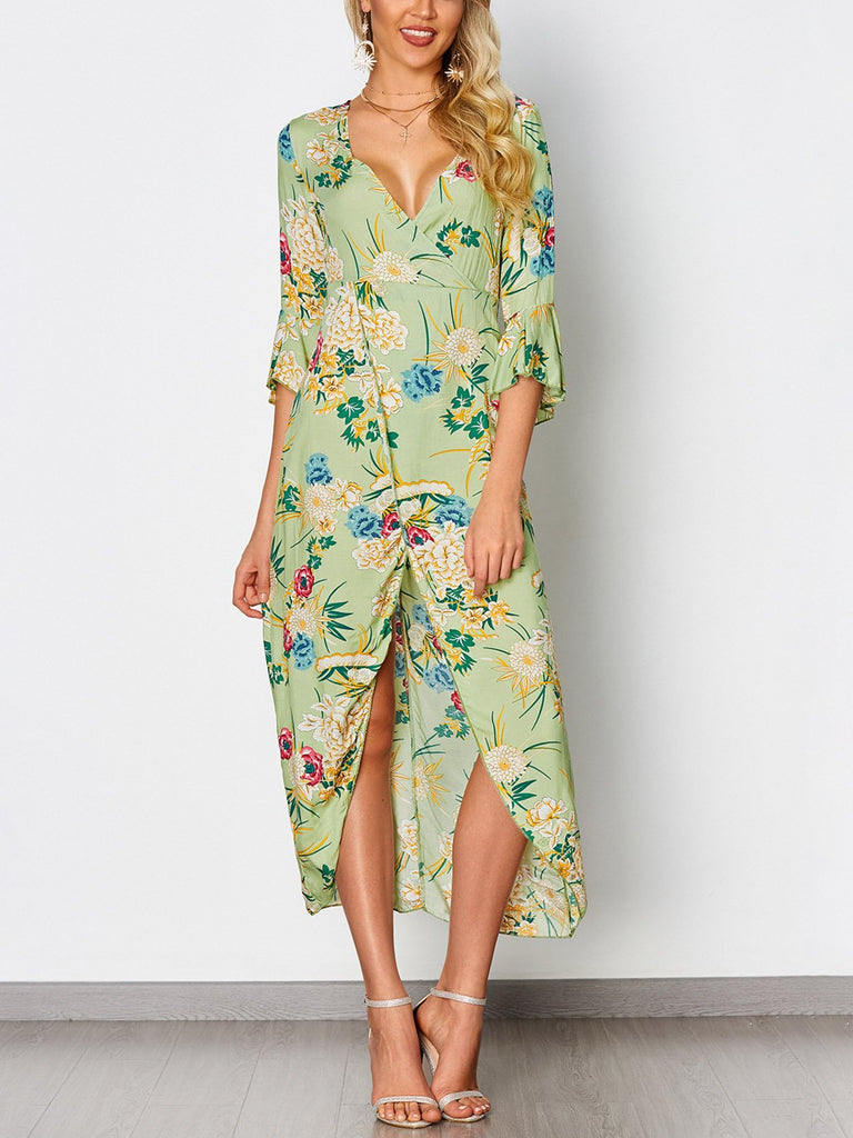 Green Deep V-Neck Half Sleeve Floral Print Crossed Front Lace-Up Flounced Hem Maxi Dress