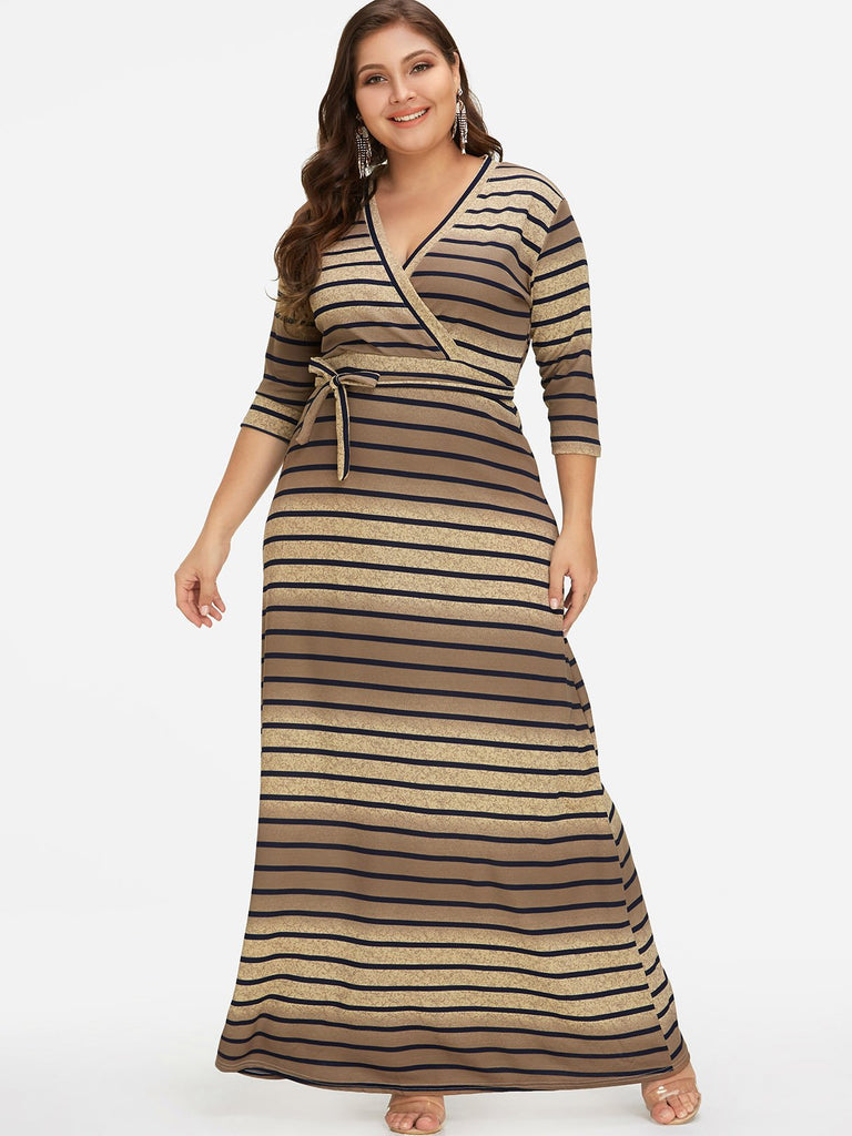 V-Neck Stripe Self-Tie Wrap Half Sleeve Plus Size Dress