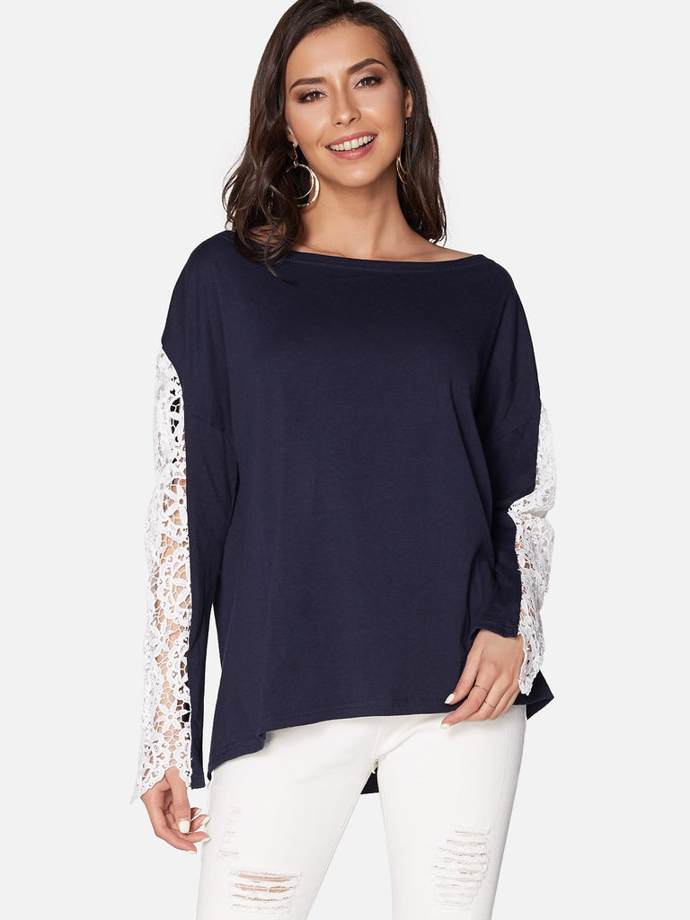 Round Neck Plain Lace Long Sleeve Curved Hem T-Shirts