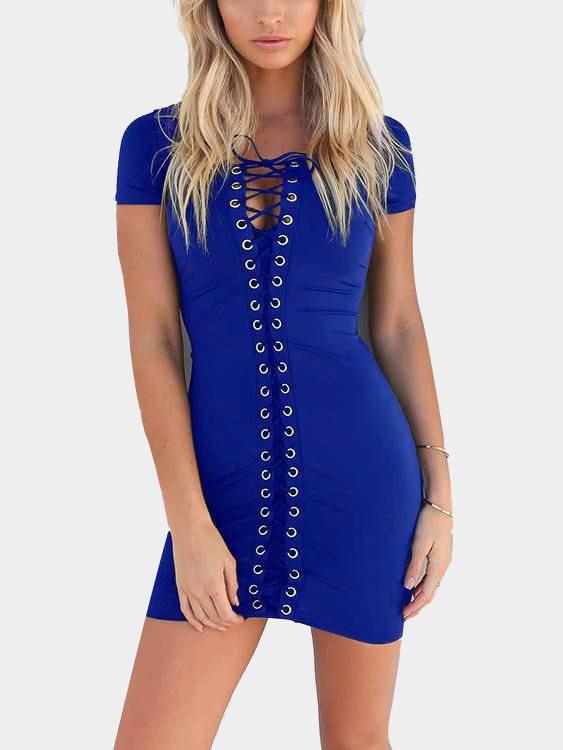 Royal Blue Round Neck Short Sleeve Lace-Up Bodycon Mini Dress
