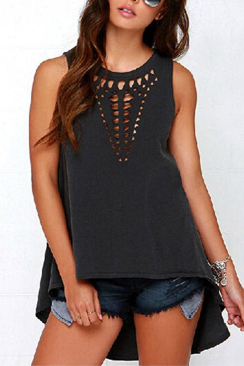 Round Neck Hollow Sleeveless Curved Hem Black Camis