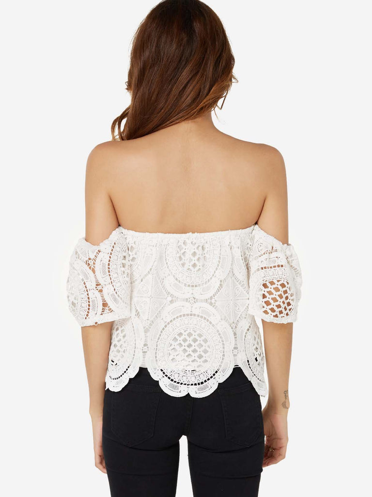 Off The Shoulder Plain Lace Half Sleeve White Blouses