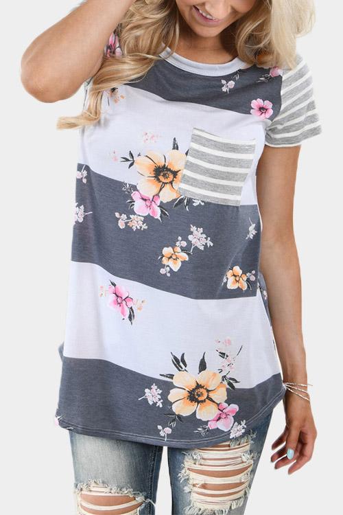 Round Neck Stripe Floral Print Short Sleeve T-Shirts