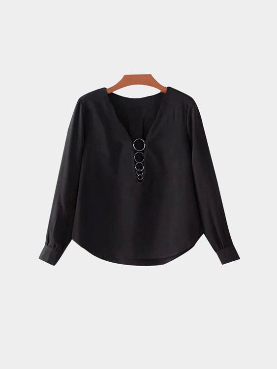 V-Neck Long Sleeve Curved Hem Black Blouses