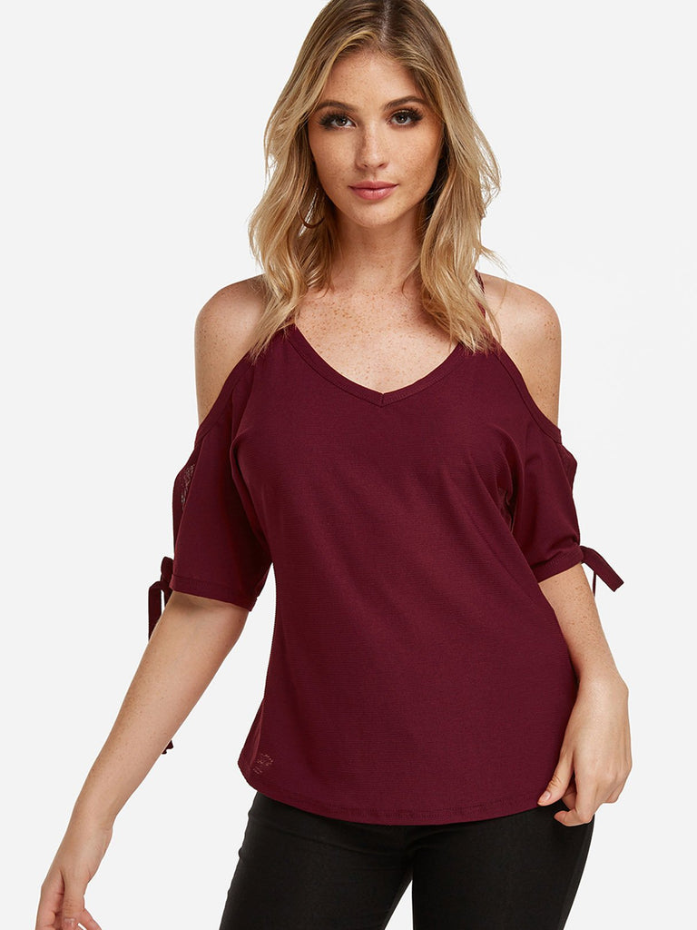 Cold Shoulder Tie-Up Short Sleeve Burgundy T-Shirts