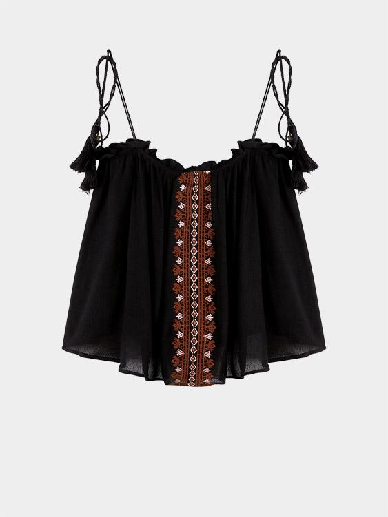 Embroidered Sleeveless Black Camis