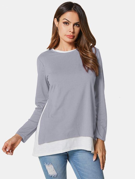 Round Neck Long Sleeve False Two Piece Tee