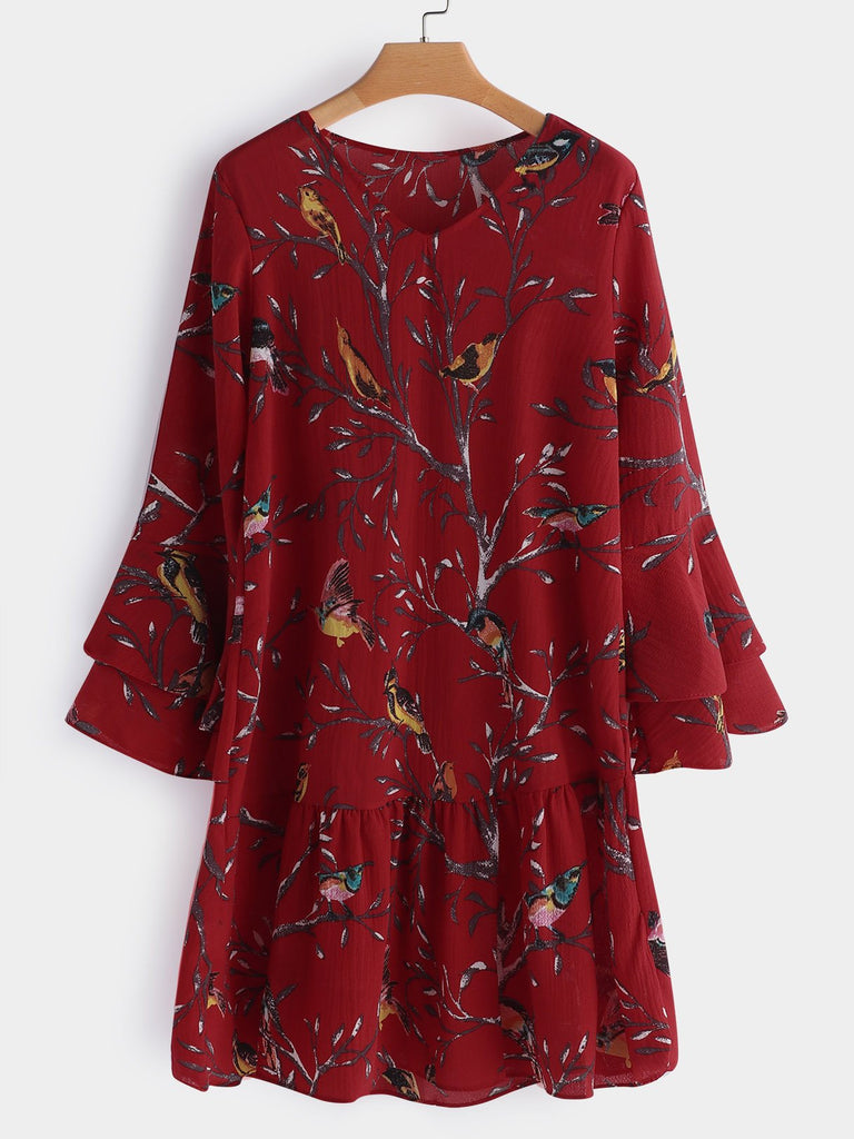 Red V-Neck Long Sleeve Floral Print Dresses