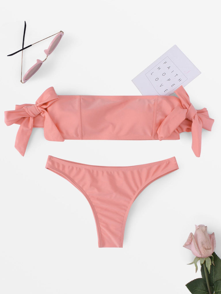 Pink Off The Shoulder Sleeveless Plain Bowknot Two Piece Bikinis