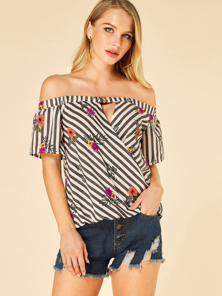 Off The Shoulder Stripe Hollow Short Sleeve Blouses