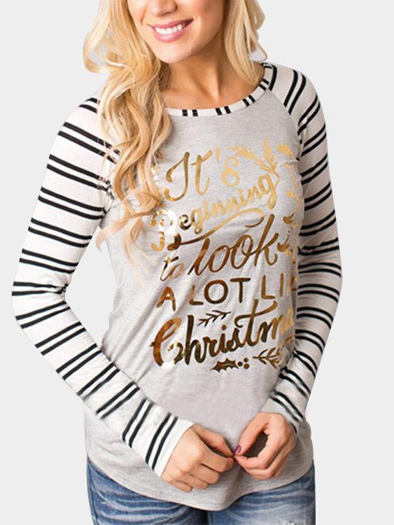 Round Neck Stripe Letter Long Sleeve Bodycon Hem Top