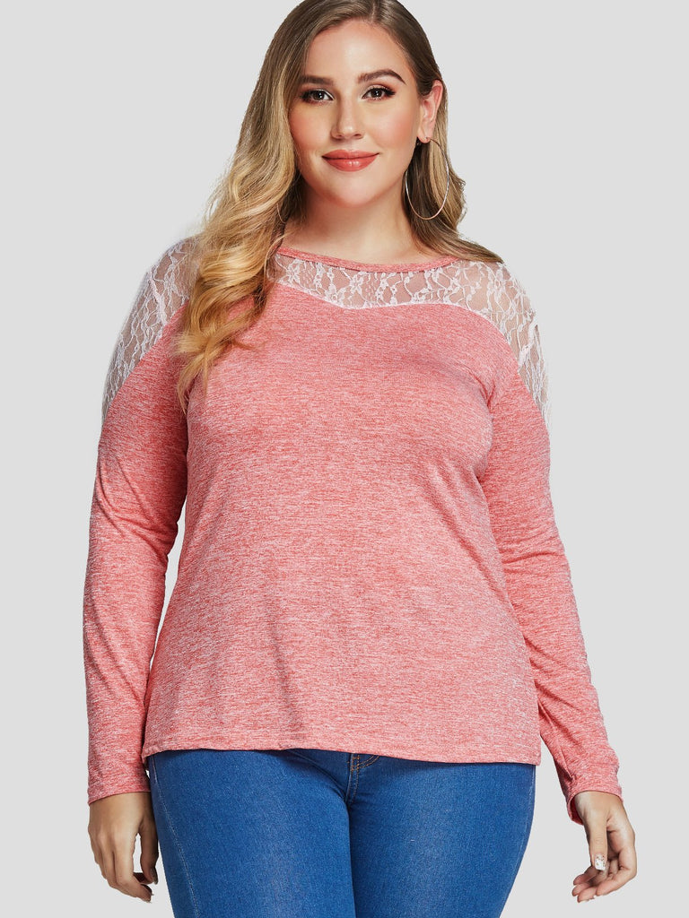 Round Neck Lace Long Sleeve Plus Size Tops