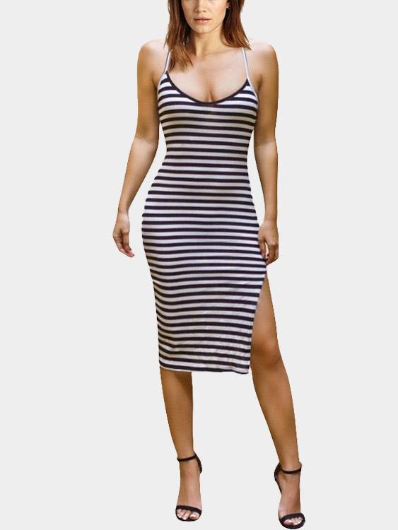 Black Halter Sleeveless Stripe Backless Slit Hem Dresses