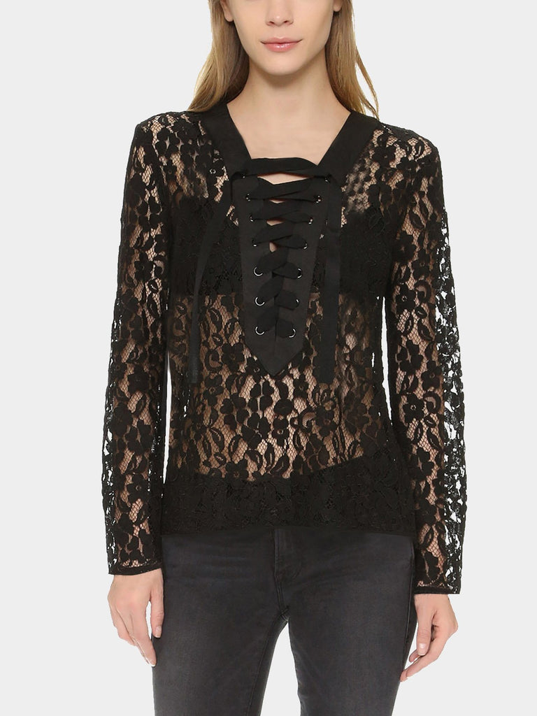 Plain Lace Lace-Up Long Sleeve Black Blouses