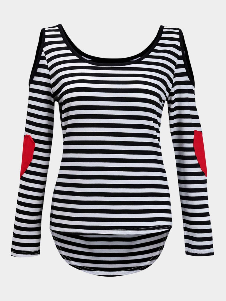 Scoop Neck Cold Shoulder Stripe Long Sleeve Top
