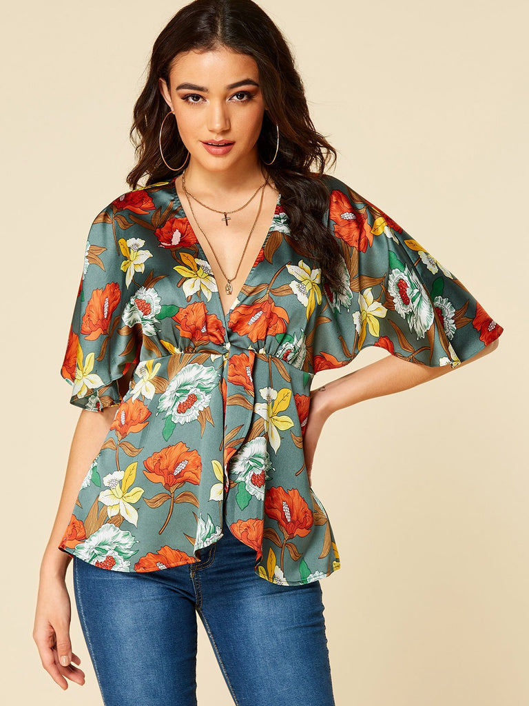 Deep V Neck Floral Print Half Sleeve Army Green Blouses