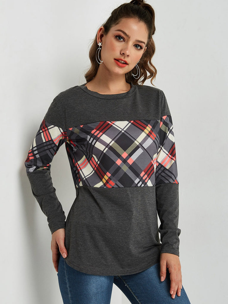 Round Neck Grid Long Sleeve Curved Hem T-Shirts
