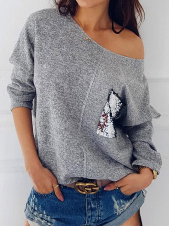 One Shoulder Sequins Embellished Long Sleeve Grey T-Shirts