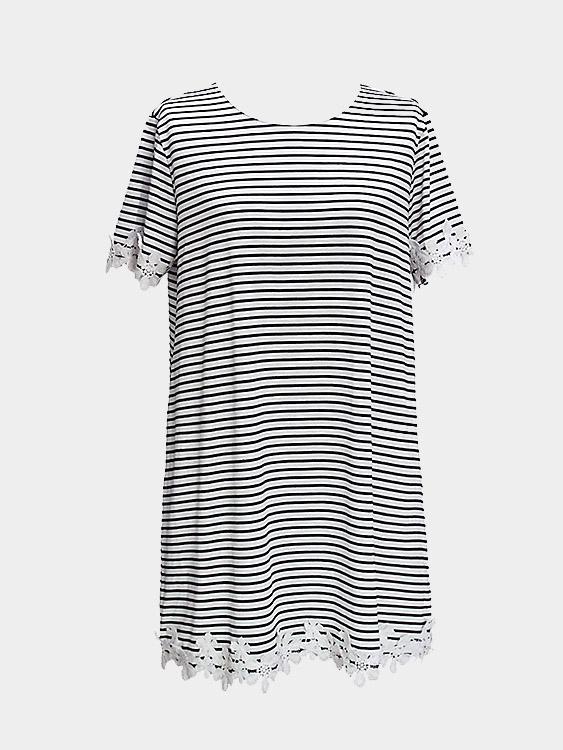 Crew Neck Short Sleeve Stripe Lace Mini Dress