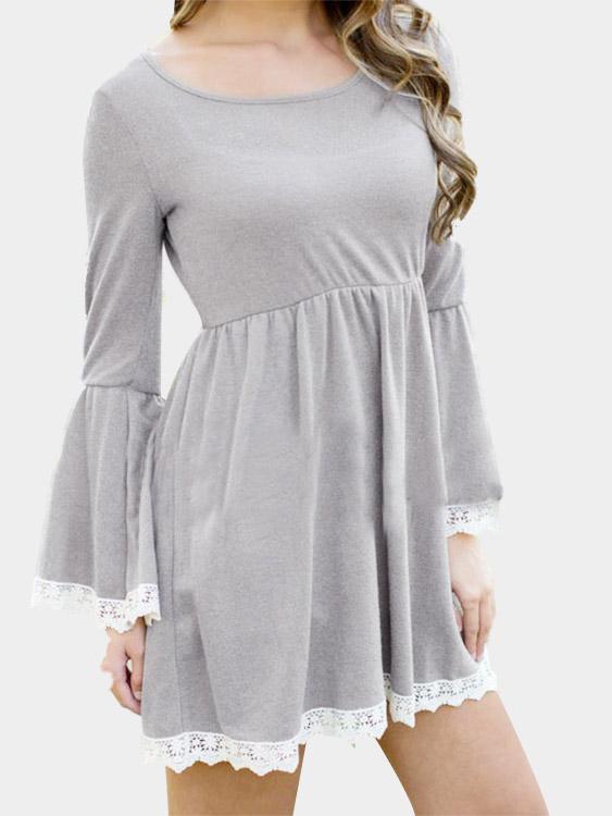 Grey Round Neck Long Sleeve Lace Casual Dresses