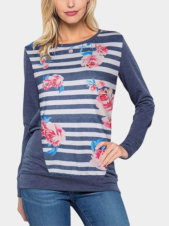 Round Neck Floral Print Long Sleeve Bodycon Hem Navy T-Shirts