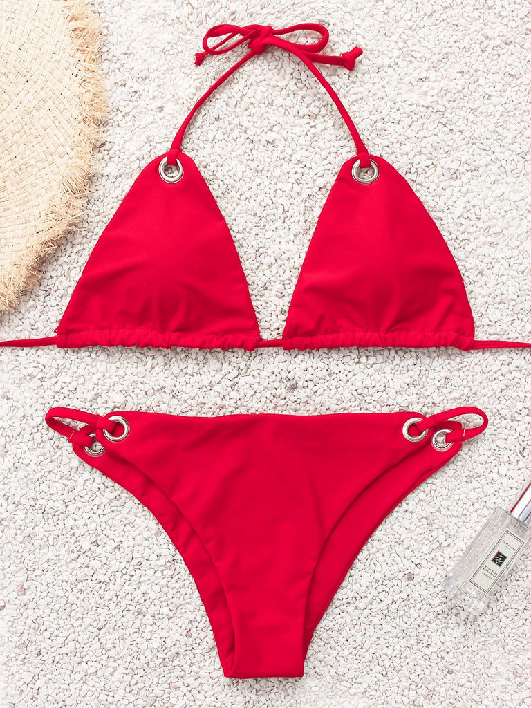 Red Halter V-Neck Sleeveless Plain Tie-Up Bikinis