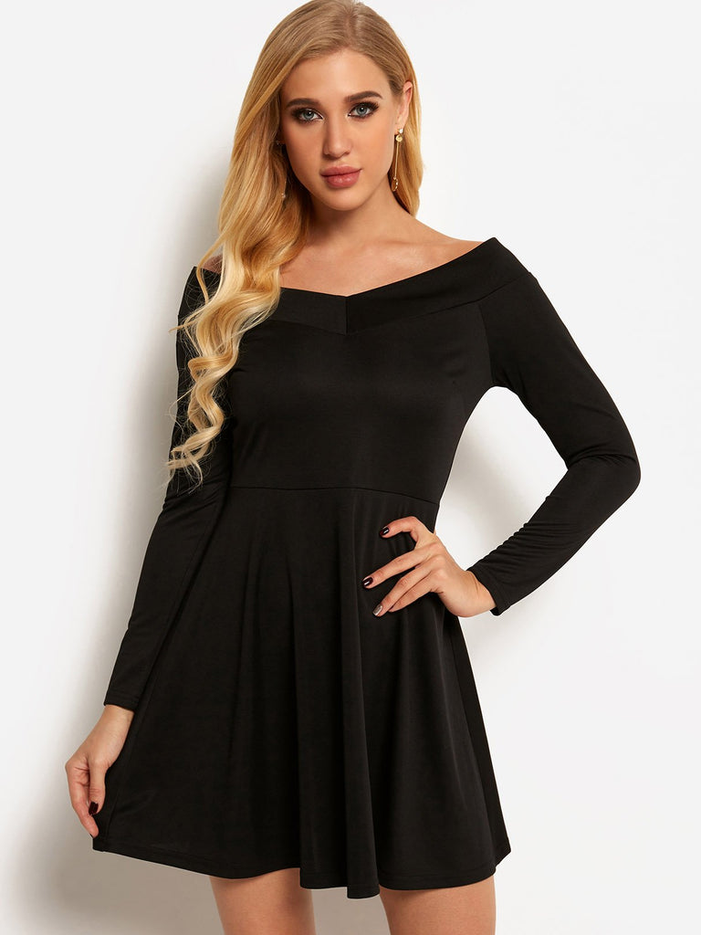 Black Off The Shoulder Long Sleeve Plain Ruffle Hem High-Waisted Mini Dress