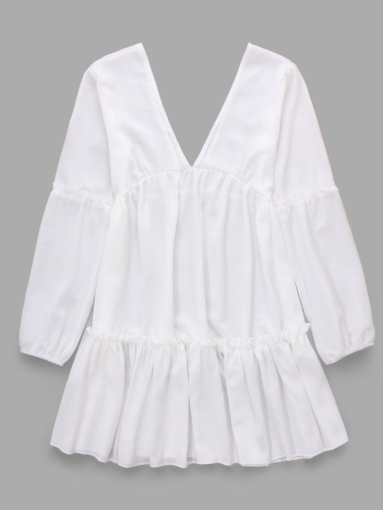 White Deep V Neck Long Sleeve Plain Backless Flounced Hem Mini Dress