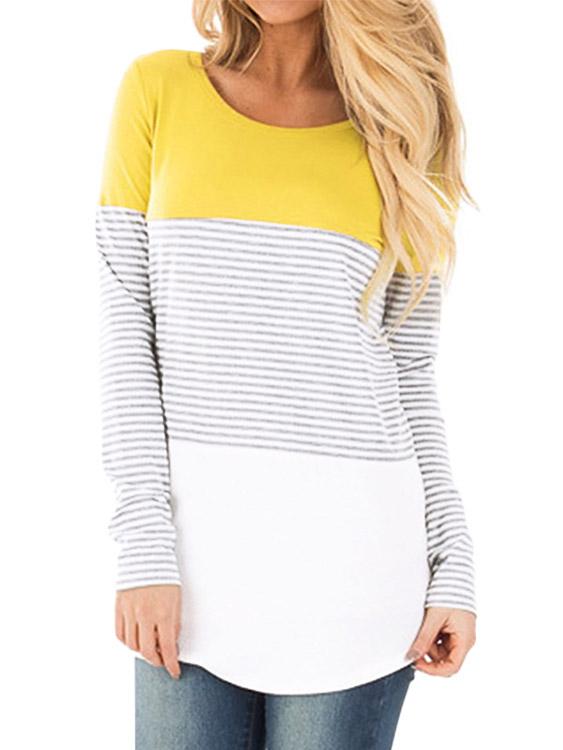 Round Neck Stripe Long Sleeve Curved Hem T-Shirts