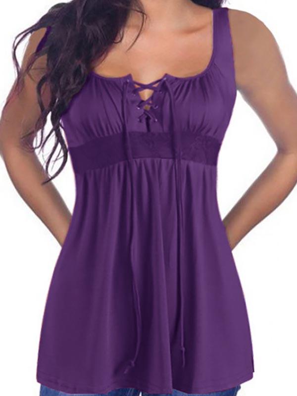 Round Neck Lace Lace-Up Sleeveless Purple Camis