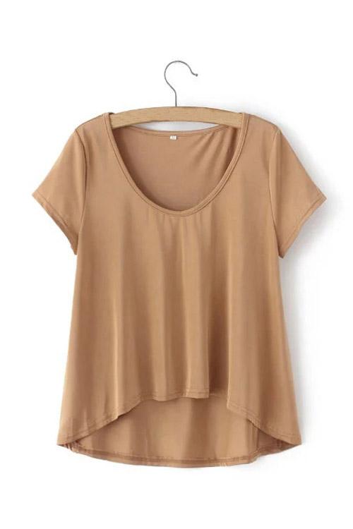 Round Neck Curved Hem Khaki T-Shirts