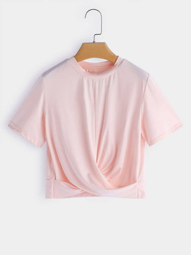 Crew Neck Plain Crossed Front Short Sleeve Pink T-Shirts